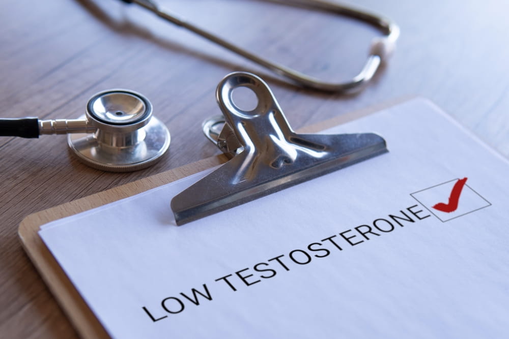Doctor’s clipboard with a “Low Testosterone” checklist next to a stethoscope and glasses, representing hormone testing for women experiencing fatigue, low motivation, or menopausal symptoms.