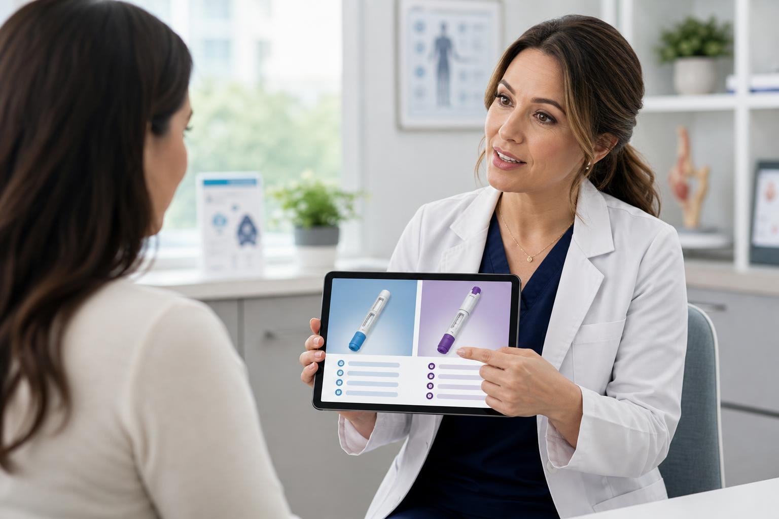 Healthcare provider comparing semaglutide and tirzepatide GLP-1 medications with patient