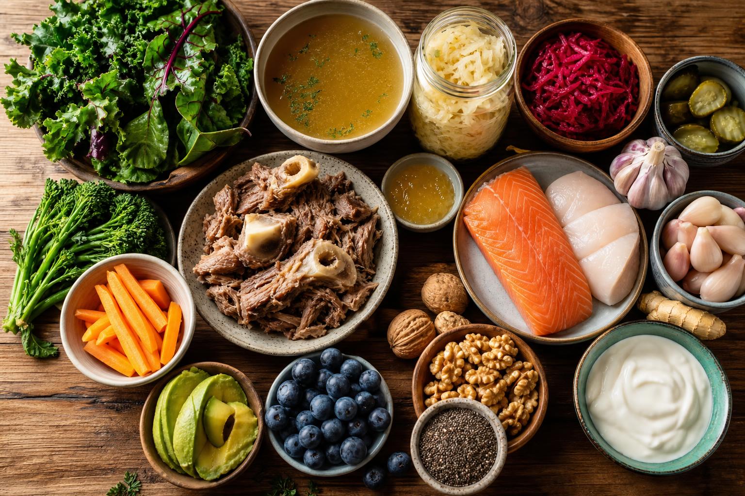 Gut-healing foods including bone broth, fermented vegetables, and leafy greens for leaky gut recovery