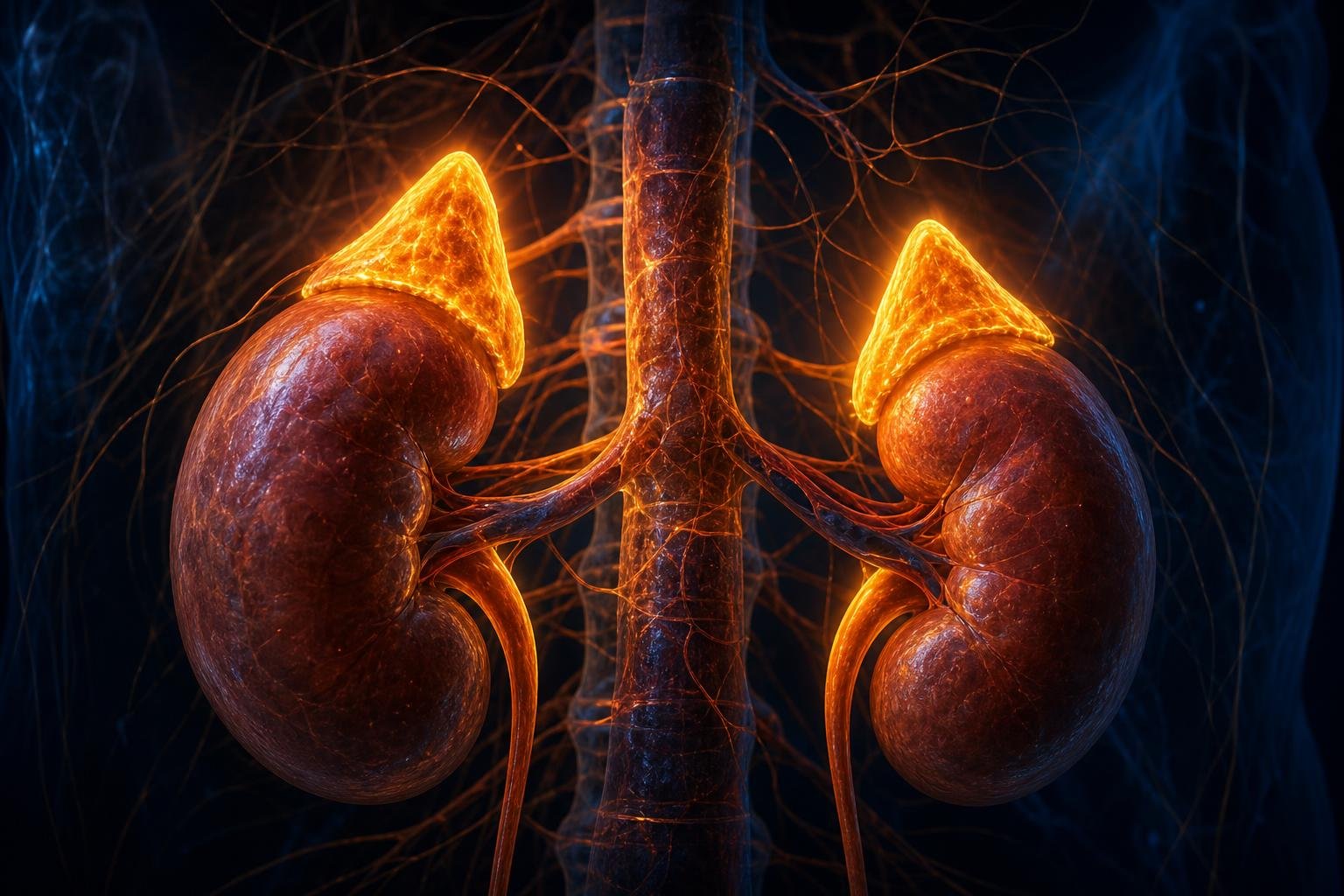 Adrenal glands anatomy showing cortisol and stress hormone production