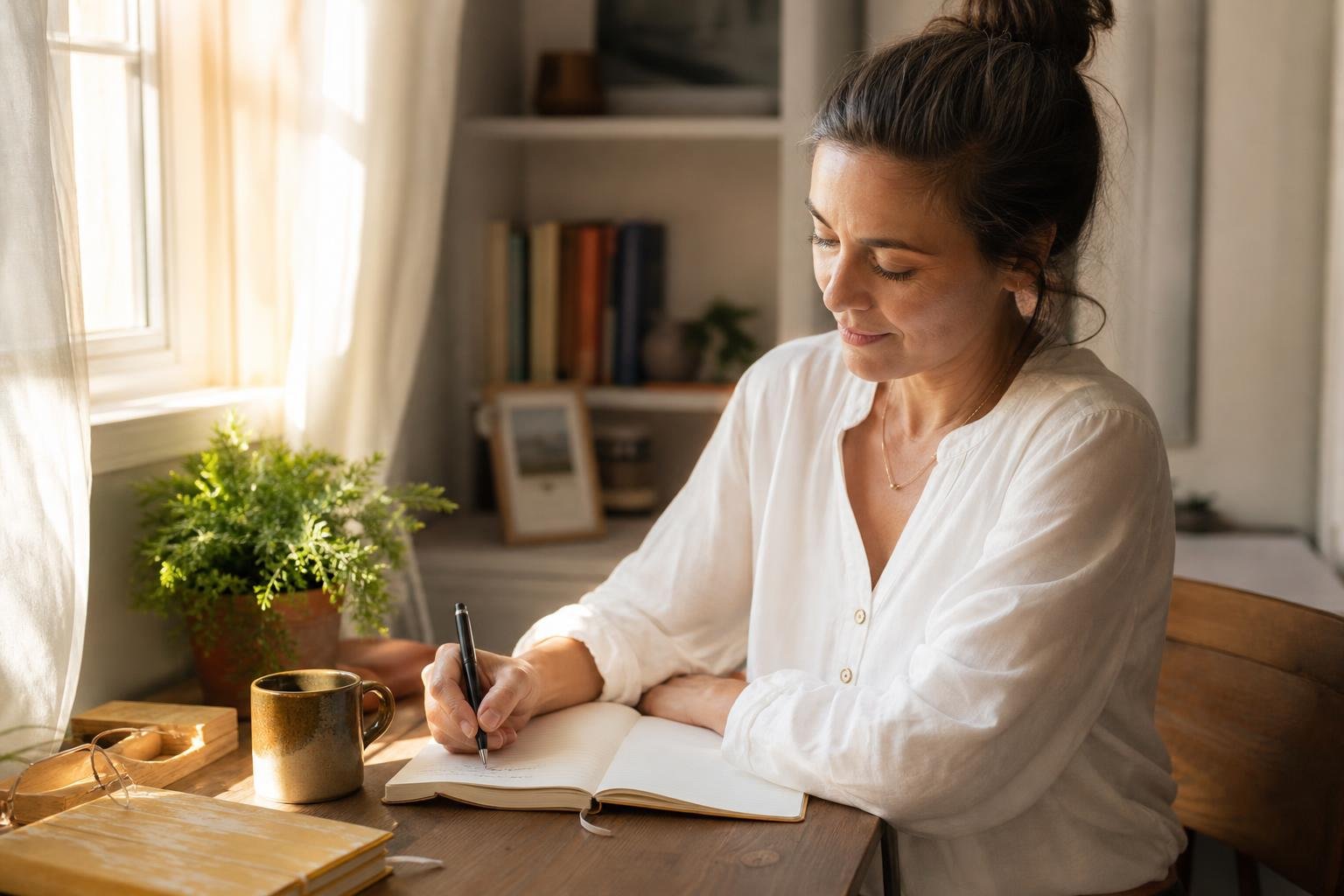 Woman journaling perimenopause symptoms tracking cycles and hormone changes