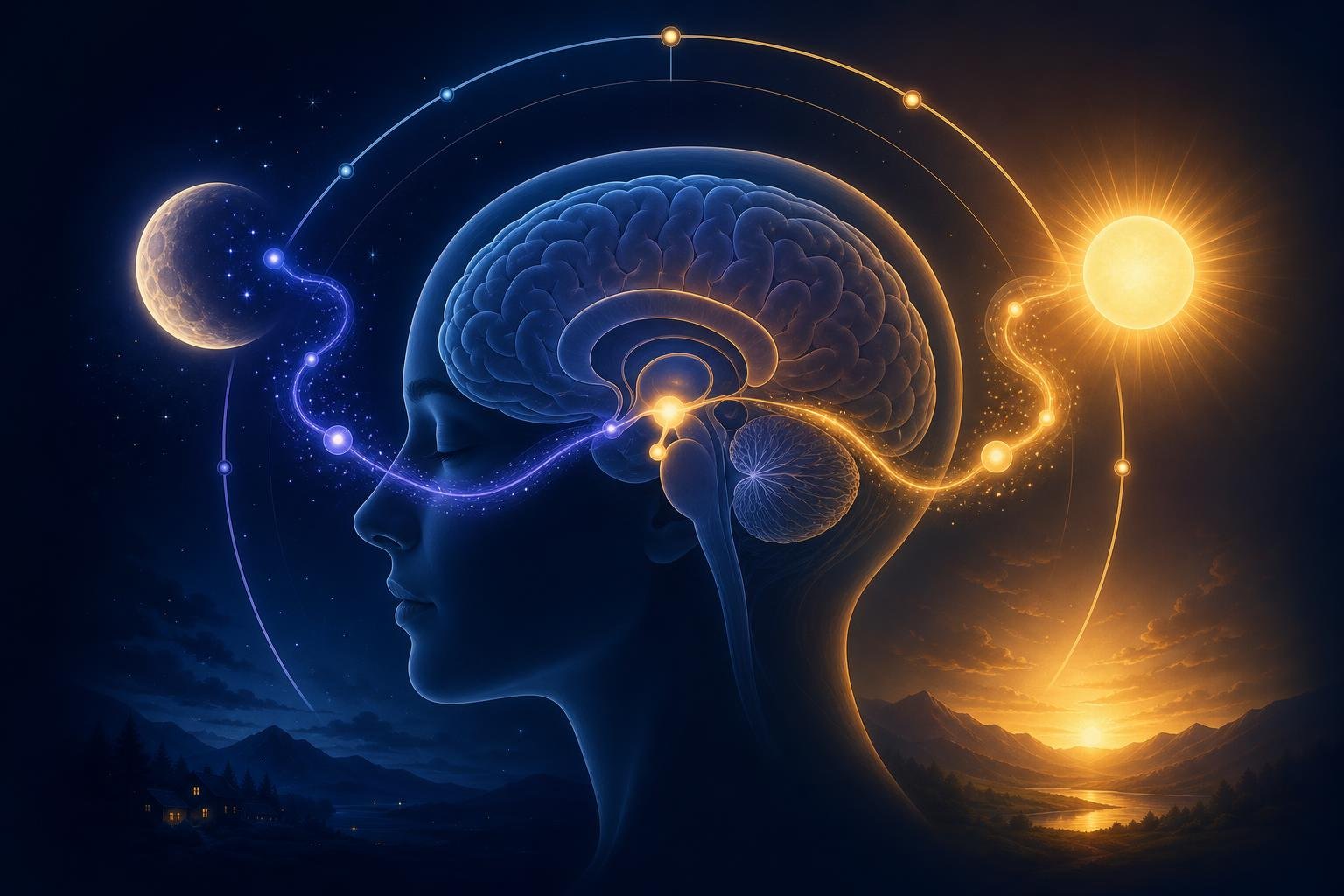 Circadian rhythm illustration showing melatonin and cortisol balance for healthy sleep