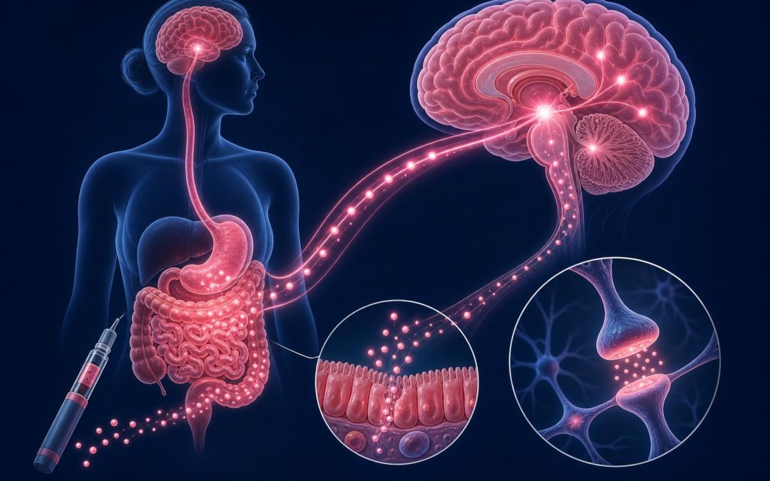 GLP-1 hormone pathway illustration showing gut-brain connection