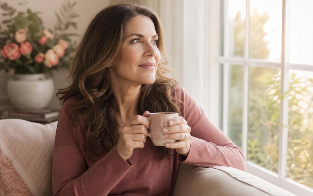 Woman with perimenopause symptoms sitting by window with tea in morning light