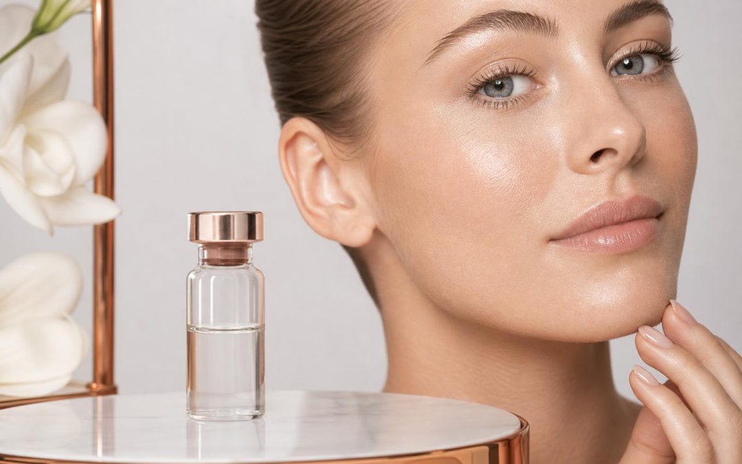 Peptide vial and glowing skin representing sermorelin anti-aging therapy