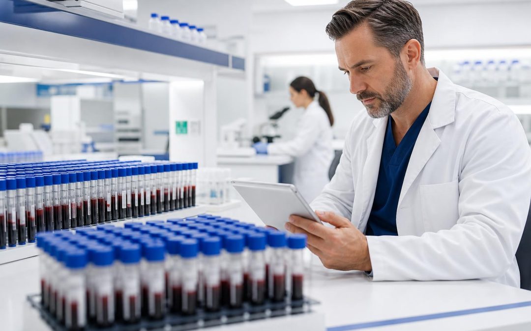 Blood test vials and lab results for functional medicine comprehensive panel