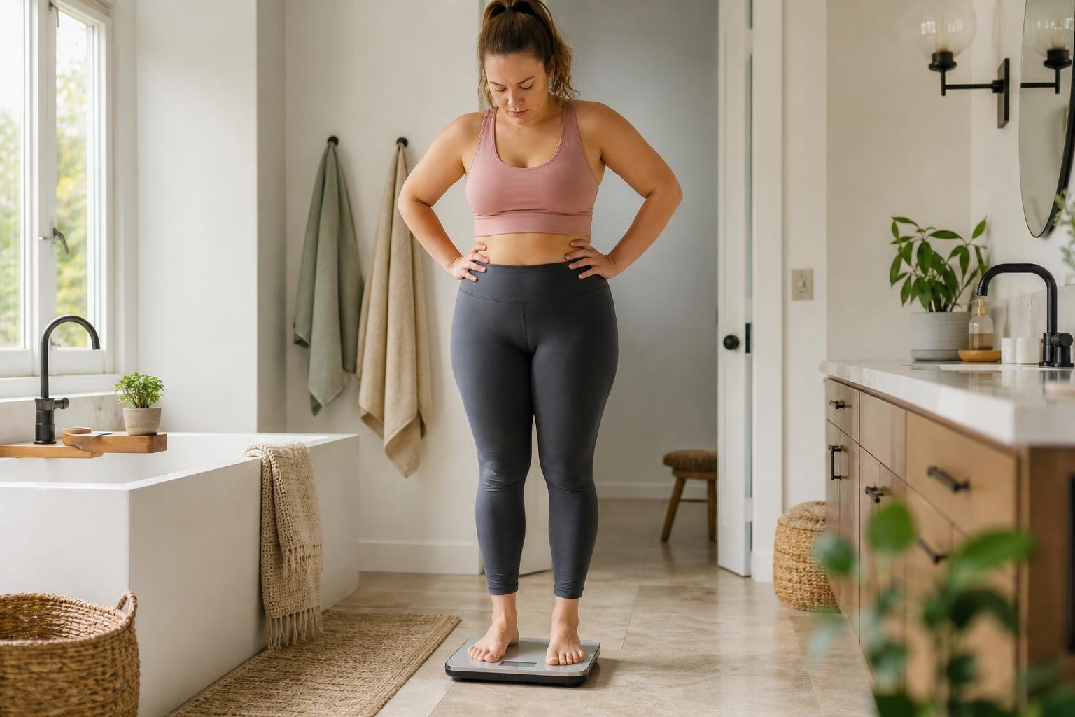 Woman at scale representing weight loss plateau and how to break through