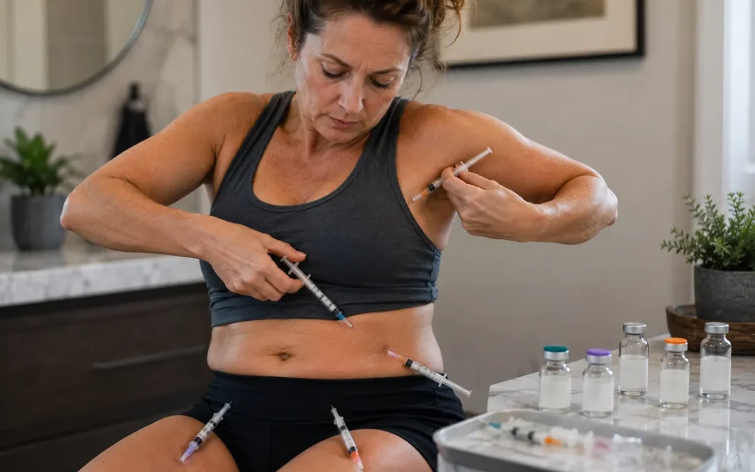 Middle-aged woman surrounded by syringes and peptide vials, illustrating the risks of using peptides without medical supervision.