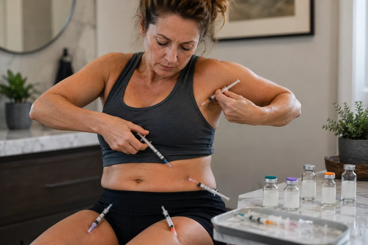 Middle-aged woman surrounded by syringes and peptide vials, illustrating the risks of using peptides without medical supervision.